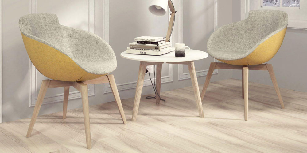 Tula armchairs in yellow and grey fabric with natural ash wooden legs