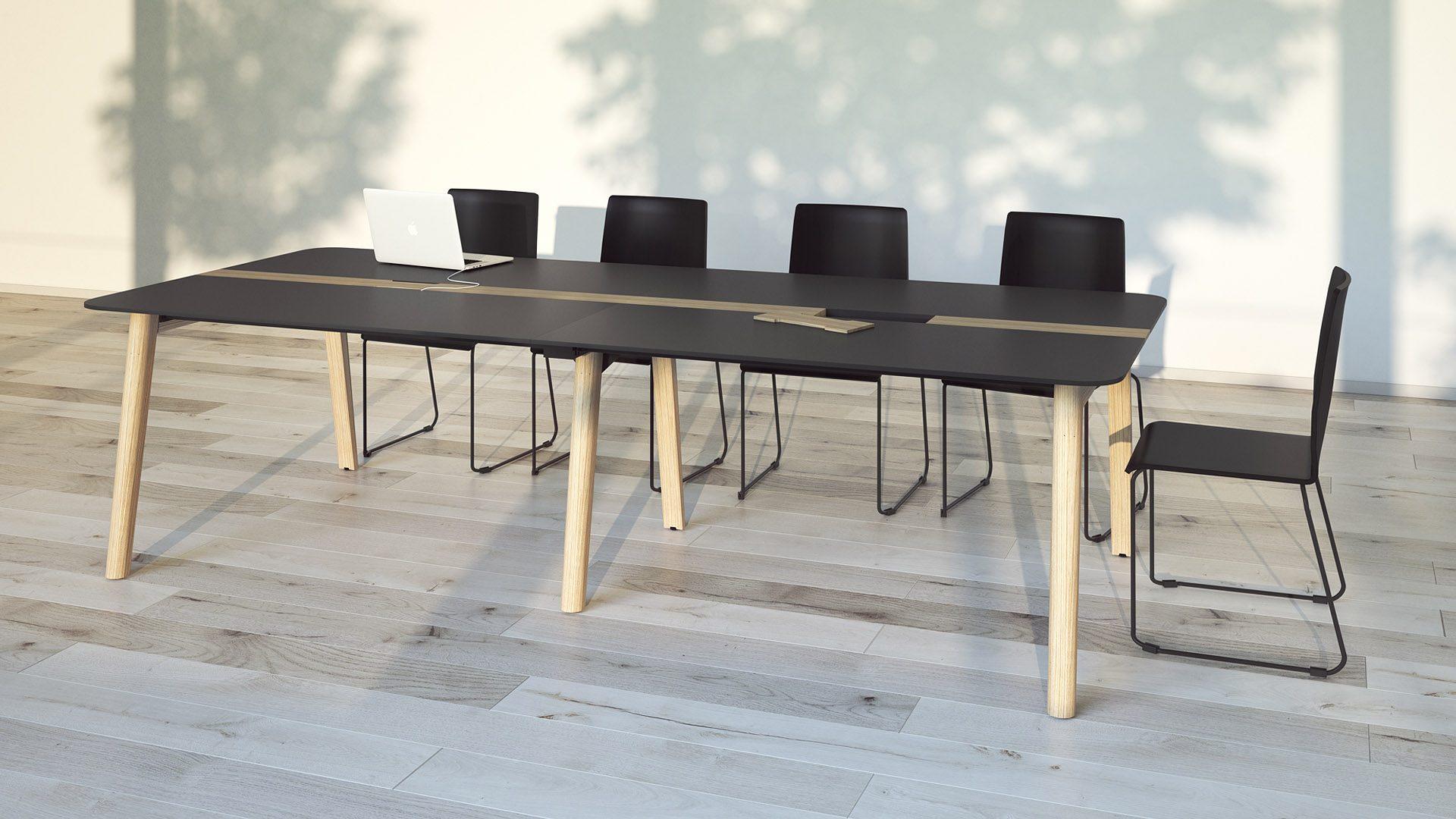 Nova Wood meeting tables include cable management concealed in a central strip insert