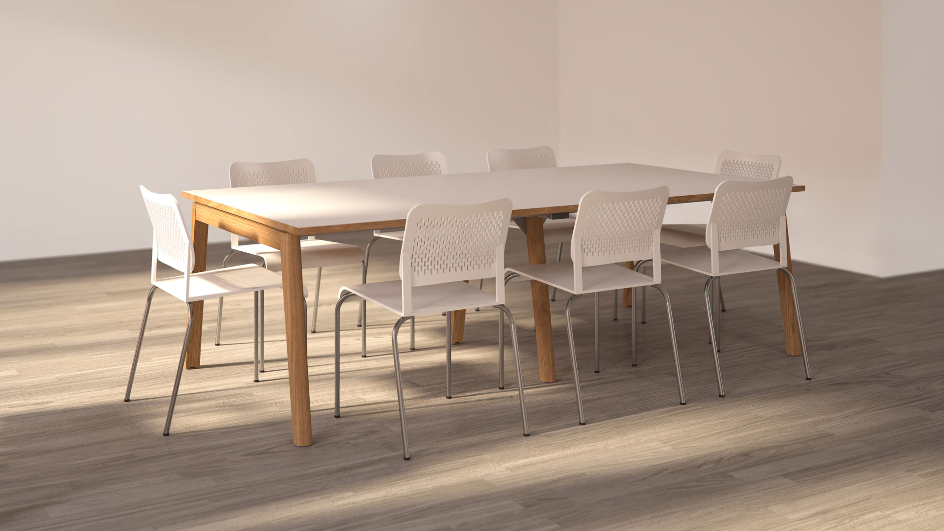 Nova Wood meeting table in ask with Wait plastic meeting chairs