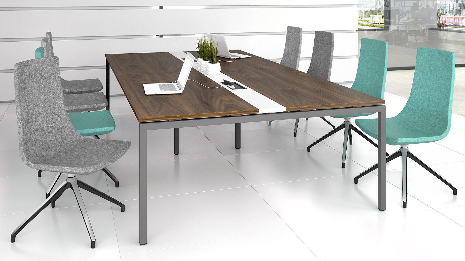 Nova meeting table in dark walnut with North Cape fabric meeting chairs
