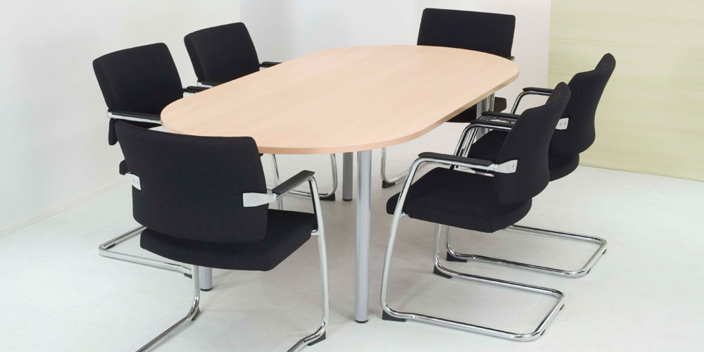 OPTIMA 6 seater D-End meeting table with sand ash top and silver pole legs.