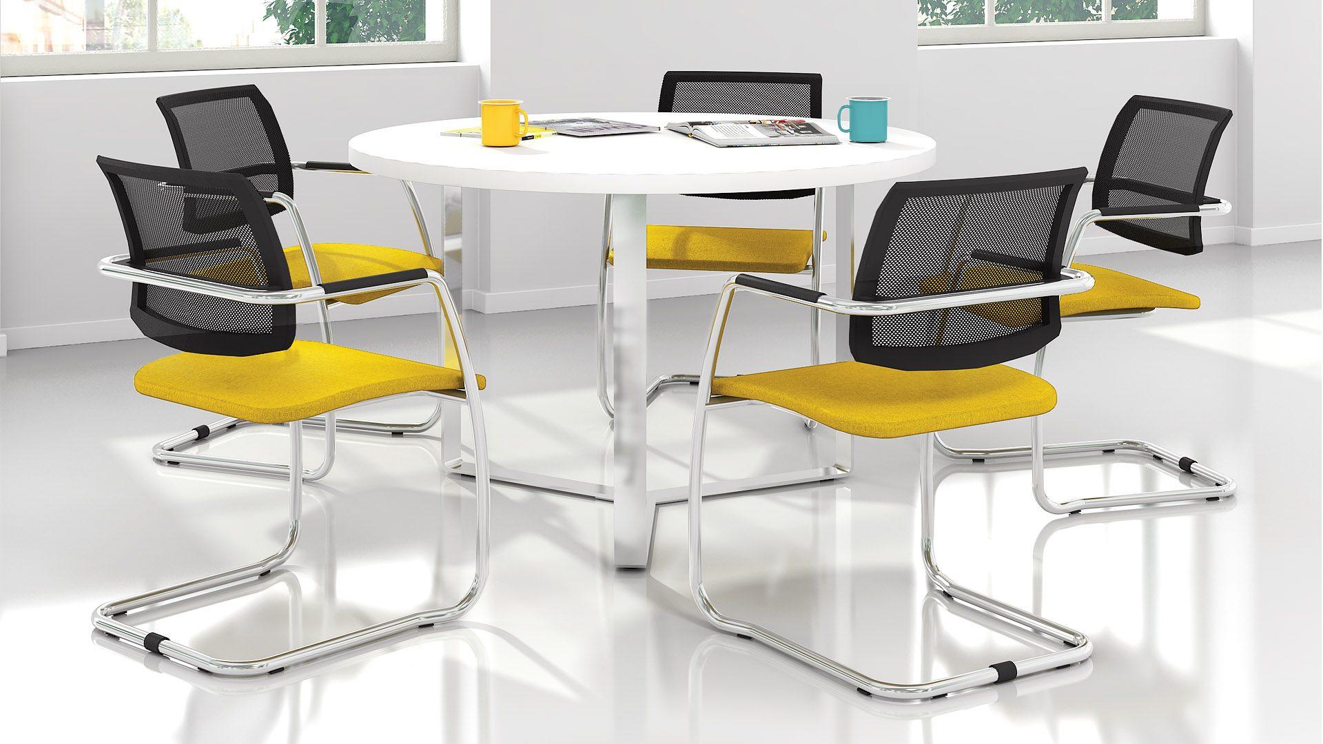 Round Plana meeting table in chrome and white with Gama cantilever meeting chairs