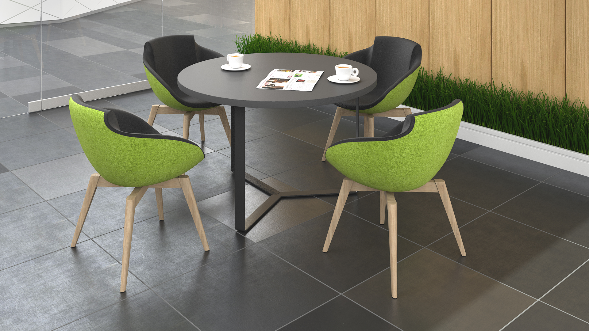 Plana round meeting table in black with Tula lounge chairs